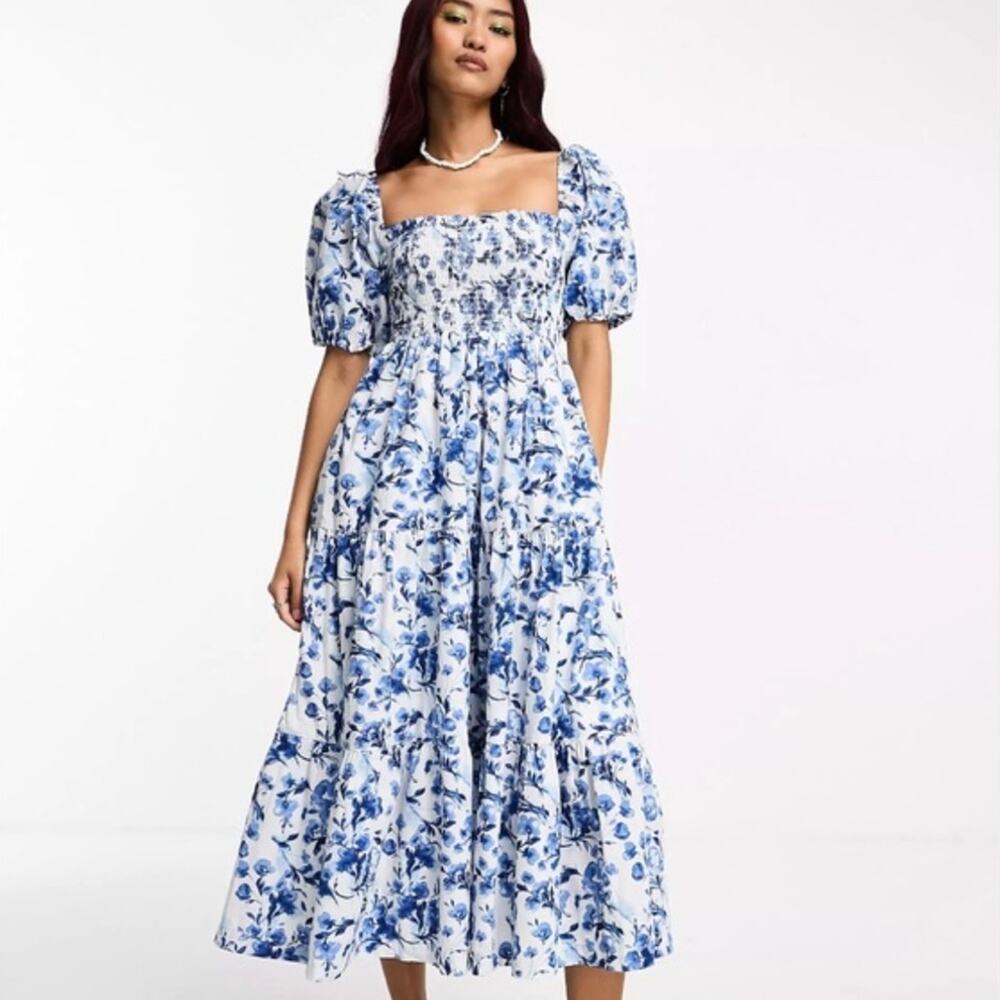 Abercrombie & Fitch smocked bodice midi poplin dress blue white floral toile XSP